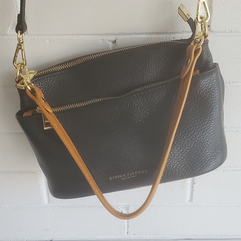 DIVINA FIRENZE Black Leather Shoulder Bag with Tan Strap